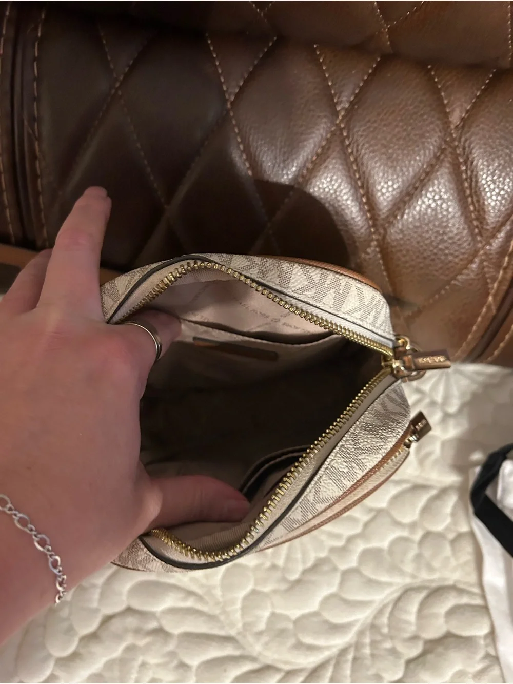 Michael Kors Beige Logo Belt Bag with Brown Trim and Gold Hardware